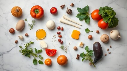 Artistic arrangement of fresh ingredients on marble, symbolizing creativity and freshness.