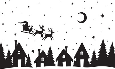 Santa Claus riding his sleigh across the moonlit sky