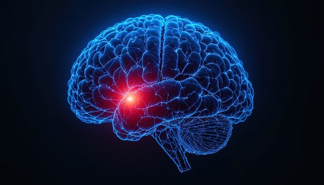 Striking blue brain illustration highlighting neurological inflammation and pain, perfect for medical research or health awareness campaigns