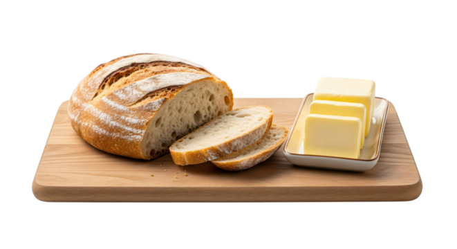 A rustic loaf of artisan bread, sliced and served with a dish of creamy butter on a wooden cutting board, isolated on white isolated on transparent background