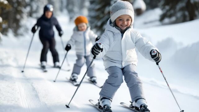 Happy children learning to ski downhill on a snowy slope, surrounded by a beautiful forest during winter holidays, enjoying a delightful family activity in the crisp, fresh snow