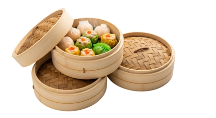 Assortment of traditional chinese dim sum dumplings in bamboo steamers, isolated on transparent background