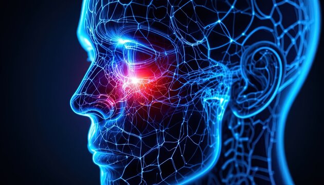 Stunning digital rendering of human head with glowing network showing brain activity, perfect for science, medicine, and technology presentations