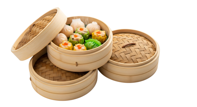 Assortment of traditional chinese dim sum dumplings in bamboo steamers, isolated on transparent background