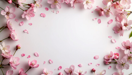 桜の花びらが舞う春のフレーム背景　淡いピンクとホワイトの可愛いデザイン素材