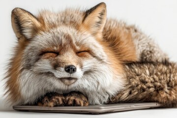 Obraz premium Smiling fox uses laptop outside near wooden structure in natural light while resting comfortably on a mat