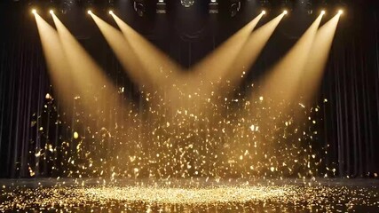 Golden confetti cascades gracefully onto a spotlight-illuminated stage, featuring dark, elegant curtains in the background. Hundreds of shimmering metallic flakes fall and accumulate on the polished f