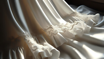 Close-up of elegant ivory satin fabric with delicate embroidery and soft folds. Gentle light highlights smooth texture and luxurious shine, creating a refined and romantic textile composition.