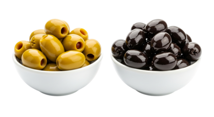 Bowls of green and black olives, isolated on transparent background