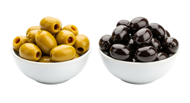 Bowls of green and black olives, isolated on transparent background - Powered by Adobe