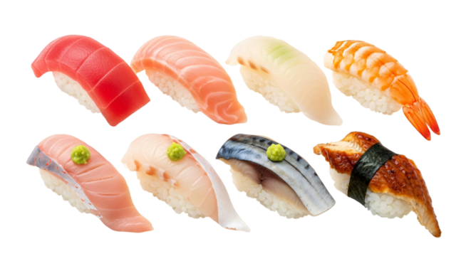 Eight pieces of assorted sushi, including tuna, salmon, shrimp, and eel, isolated on transparent background