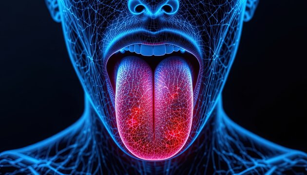 Anatomical rendering of a tongue and mouth, a striking visual for medical research, educational material, or cutting-edge health technology concepts