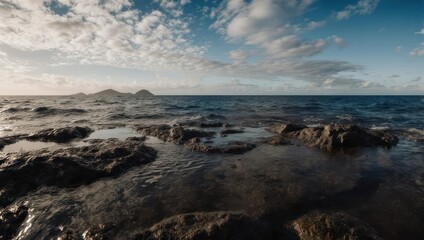 Obraz premium Rocky Shoreline Under a Cloudy Sky - A Serene Coastal Landscape.