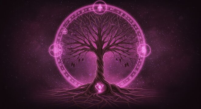 Mystical glowing tree of life surrounded by a cosmic circle of ancient symbols and stardust, evoking magic, mystery, and spiritual power for fantasy and esoteric themes.