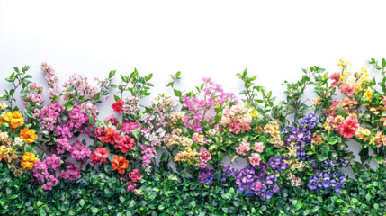 Bush or shrub wall in full bloom, filled with bright, vivid flowers isolated on white background