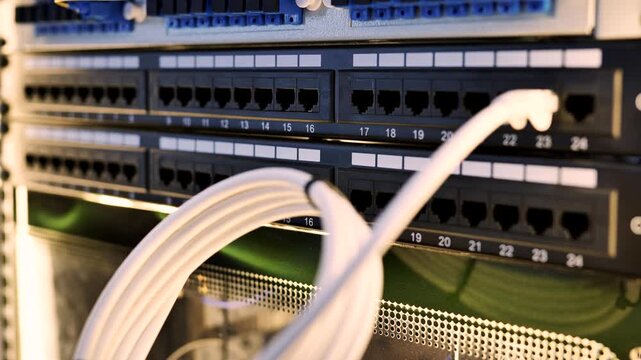 Network server rack with patch panel and ethernet cables for data connection