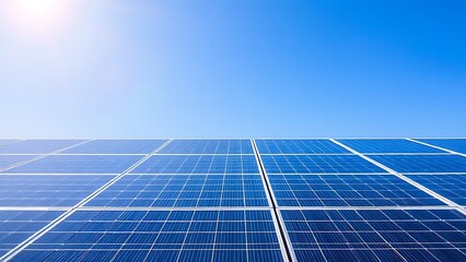 Solar panels under a clear blue sky, representing clean energy and sustainability.