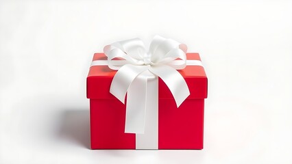 Obraz premium Red gift box with white ribbon and bow, centered product shot on clean background.