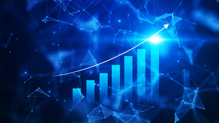 Futuristic digital showing a glowing blue bar graph with an upward arrow representing business growth, success, and progress. The background features abstract polygonal network connections.