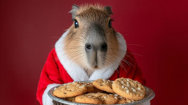 Small brown rodent wearing a Santa suit holding a tray of cookies. The image has a festive and playful mood, as the rodent is dressed up like a human and is holding a tray of cookies - Powered by Adobe