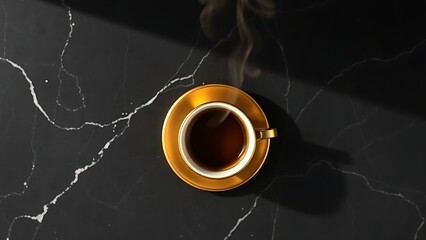 Elegant golden coffee cup on black marble, capturing warmth and sophistication in a minimalist style.