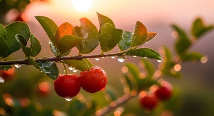 Close up of red cherries on a branch with water droplets at golden hour sunlight