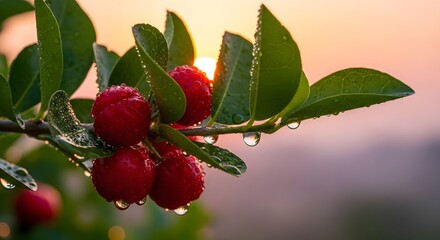Close up of red berries and green leaves covered in water droplets at sunset