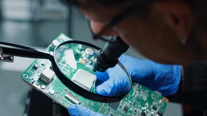 Engineer Examining Printed Circuit Board with Magnifying Glass for Quality Control
