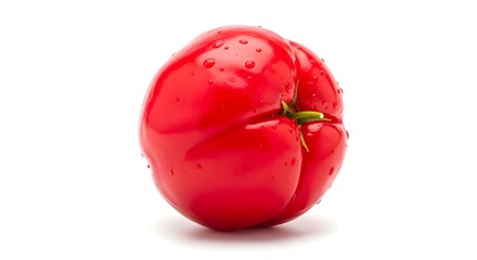 Close up studio shot of a shiny red tomato with water droplets on white background