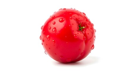 Isolated red tomato with water droplets on a white background in studio shot