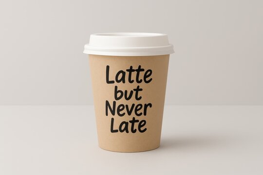 Paper coffee cup with text latte but never late on beige background, minimalist morning cafe concept.