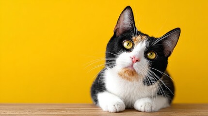 Black and white cat with yellow eyes is looking at the camera. The cat is laying on a yellow surface, which could be a table or a desk. The cat's gaze is intense and focused
