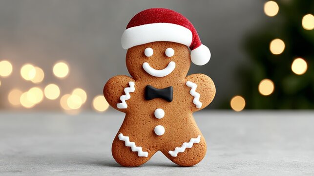 Gingerbread man with a red hat and a bow tie is smiling. The image has a festive and cheerful mood, as it is a representation of a popular Christmas character - Powered by Adobe