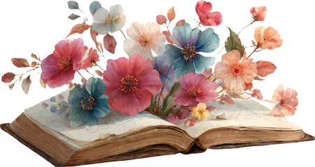 Open book, vintage paper, watercolor flower, spring blossom, pastel color, dreamy mood