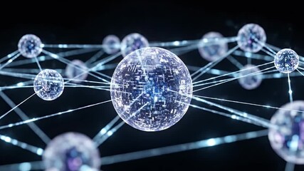 This abstract digital background features an intricate network of glowing, interconnected spheres against a deep, dark backdrop. The central sphere radiates a bright blue light, suggesting a core proc