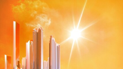 A thermometer shows a high temperature against an orange sky with high-rise buildings and a shining...