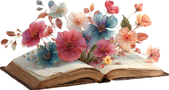 Open book, vintage paper, watercolor flower, spring blossom, pastel color, dreamy mood