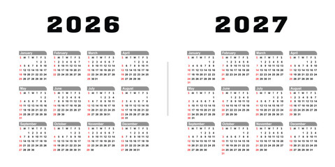 2026 2027 minimalist Yearly calendar vector illustration isolated on white background.  calendar template 2026, 2027