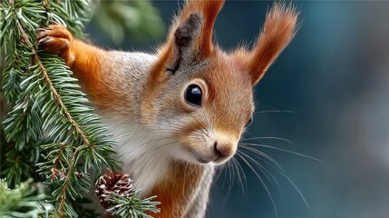 Squirrel is perched on a tree branch with a pine cone in its mouth. Concept of curiosity and playfulness, as the squirrel seems to be enjoying its time in the tree