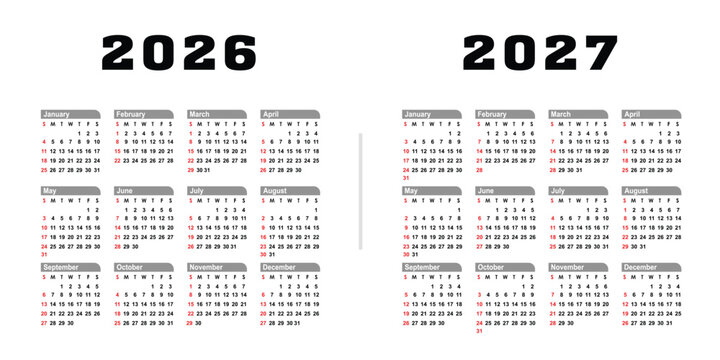 2026 2027 minimalist Yearly calendar vector illustration isolated on white background.  calendar template 2026, 2027