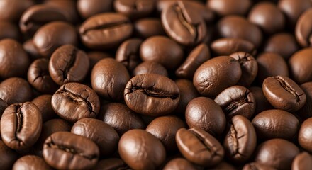 Fototapeta premium Close-up view of fresh roasted brown coffee beans creating a rich textured background full of warmth and aromatic depth