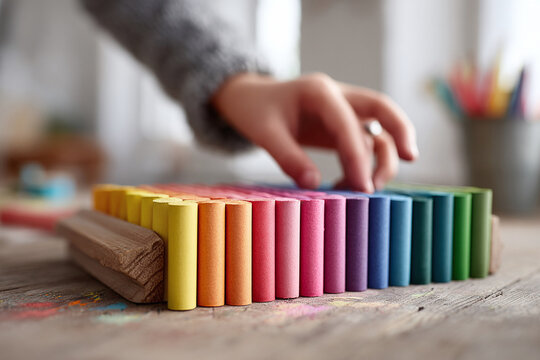 Hand reaching for vibrant pastel chalks arranged in rainbow order on a wooden surface. Represents creativity, learning, and artistic expression. Ideal for education or design.