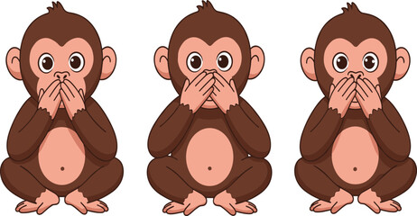 Three wise monkeys cartoon illustration, cute animals covering mouth, see no evil concept, funny vector design, moral symbolism art