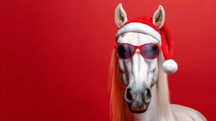 White horse wearing a red Santa hat and sunglasses. The horse is looking directly at the camera