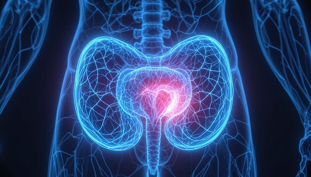 Glowing bladder anatomy with pain point for medical illustrations, health education, and anatomical studies of the human body's urinary system - Powered by Adobe