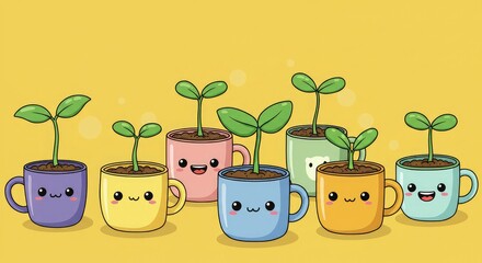 Adorable kawaii seedlings sprout happily from colorful mugs, bringing vibrant growth and cheerful joy to any project, perfect for education and kids' content.