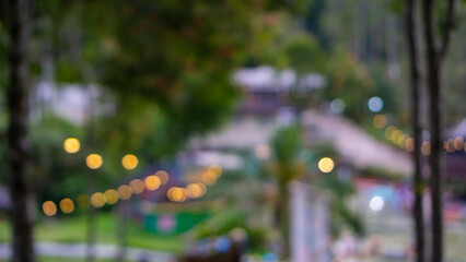Abstract outdoor background featuring beautiful, warm golden yellow bokeh lights from string lamps, seen dimly through the silhouettes of trees or foliage.
