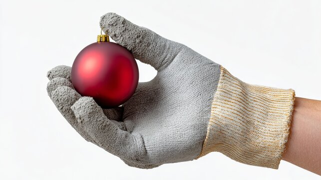 Person is holding a red ornament in their gloved hand. Concept of warmth and holiday cheer, as the person is wearing gloves and holding a festive decoration