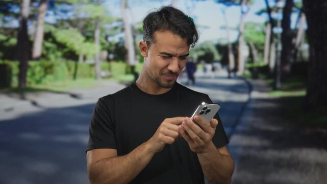 Young hispanic man smiling while using smartphone on a sunny street captures urban outdoor lifestyle in a bustling city environment.