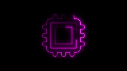 Pink neon square chip outline with pins on black background computer chip processor - Powered by Adobe